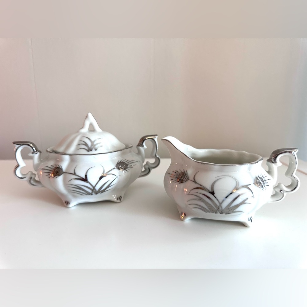 Vintage Lefton China Creamer And Sugar Bowl With Lid “Silver Wheat” Excellent!